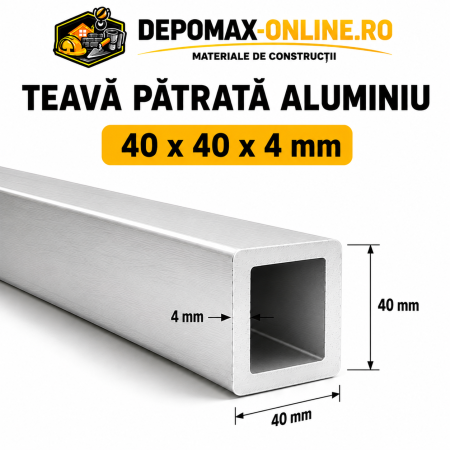 Teava patrata aluminiu 40 x 40 x 4 mm, 6 metri (EN AW-6060)